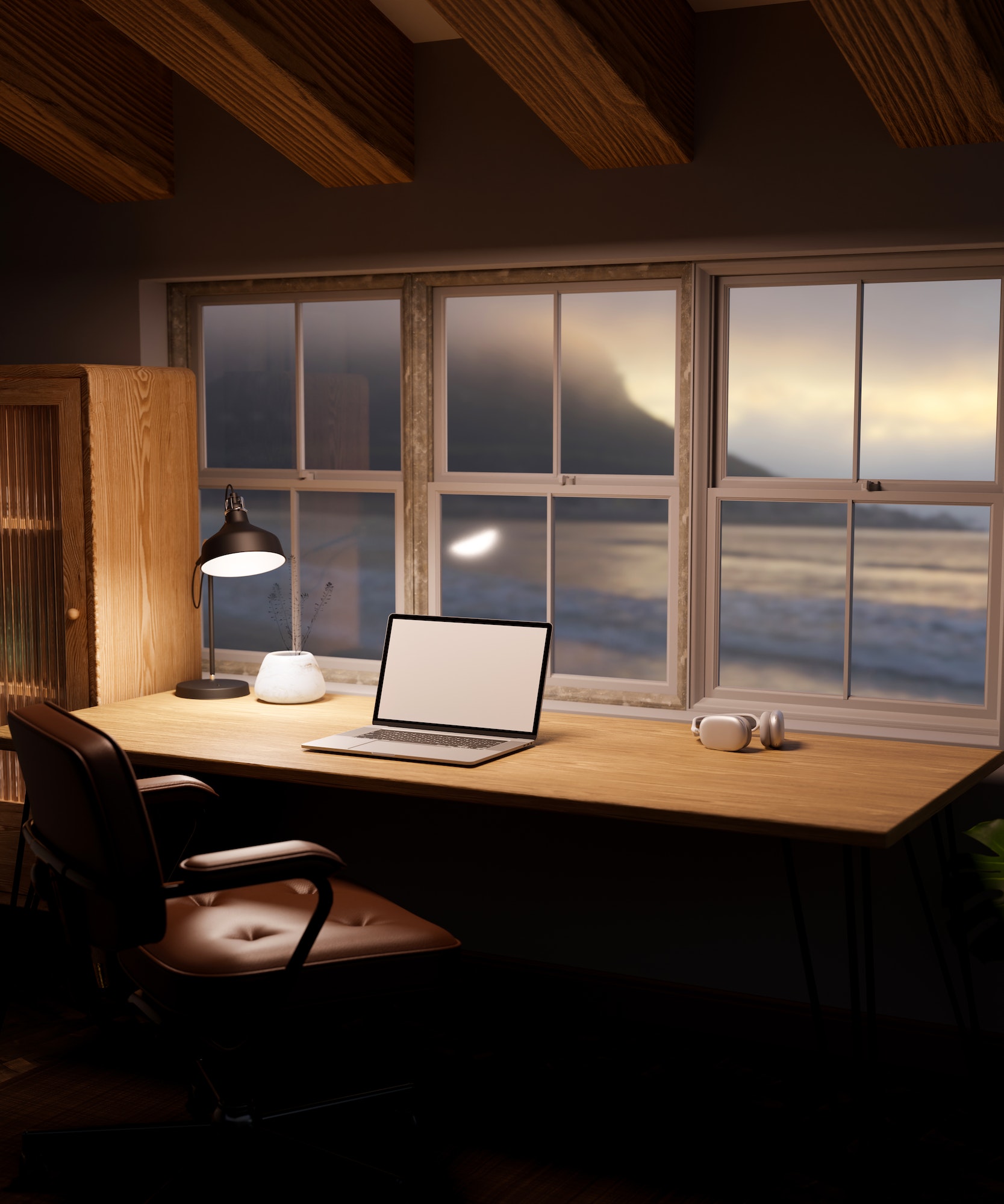 Cozy wood home working room with laptop mockup, table lamp, headphones on wood table