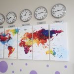 Colorful geography classroom with maps and time zones